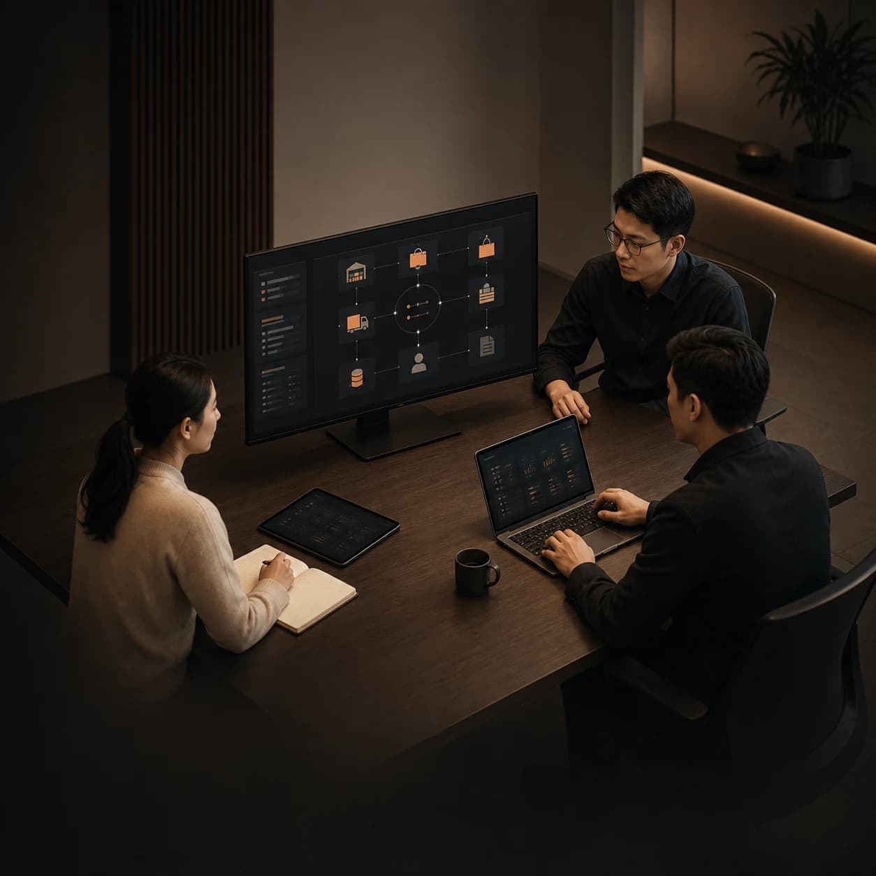 Enterprise implementation team reviewing an integrated operating-system workflow
